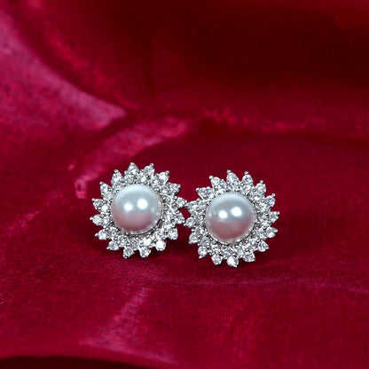 Silver Radiant Sun & Pearl Stud Earrings