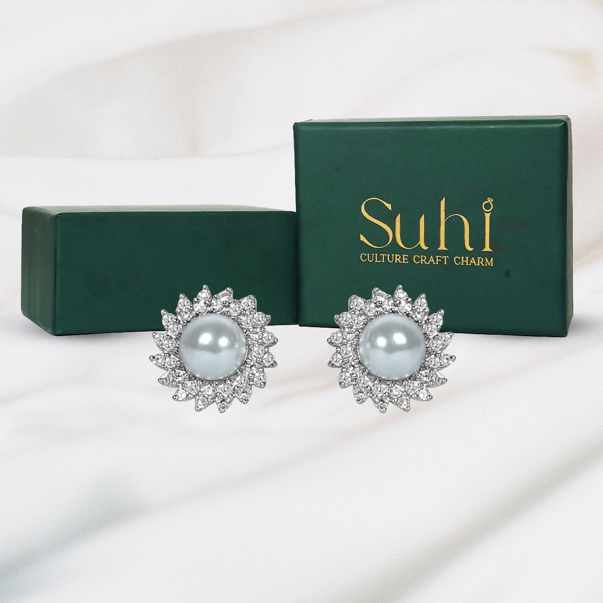 Silver Radiant Sun & Pearl Stud Earrings